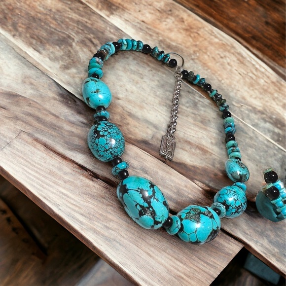 Vintage Handmade Turquoise Necklace with Onyx Solid 925 Sterling Silver+Earrings - Picture 8 of 15